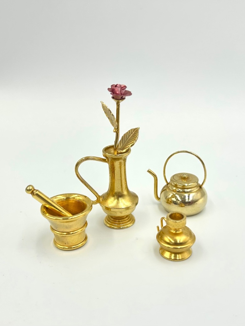 Vintage Solid Brass Miniature Lot Kettle Vase Mortar Pestle Flower Dollhouse